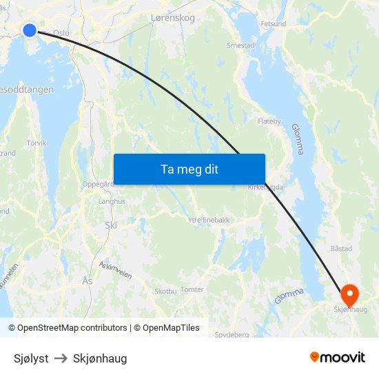 Sjølyst to Skjønhaug map