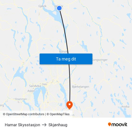 Hamar Skysstasjon to Skjønhaug map