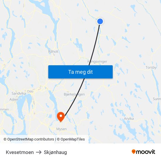 Kvesetmoen to Skjønhaug map