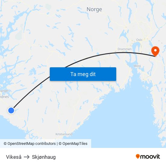 Vikeså to Skjønhaug map