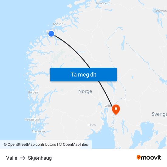 Valle to Skjønhaug map