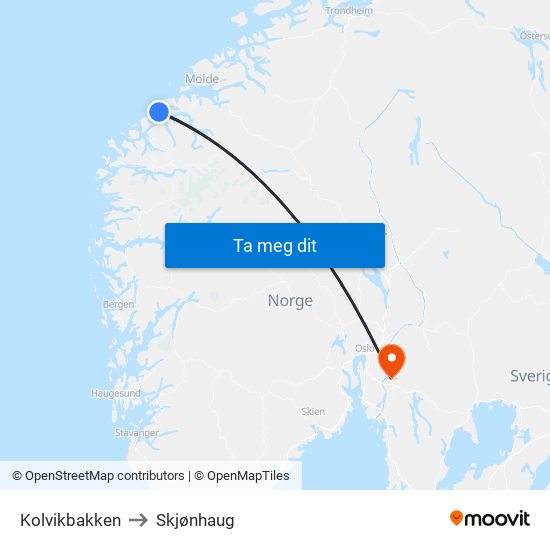 Kolvikbakken to Skjønhaug map