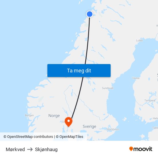 Mørkved to Skjønhaug map