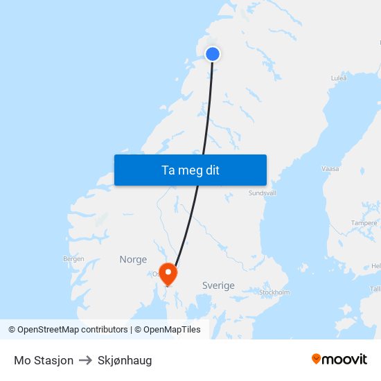 Mo Stasjon to Skjønhaug map