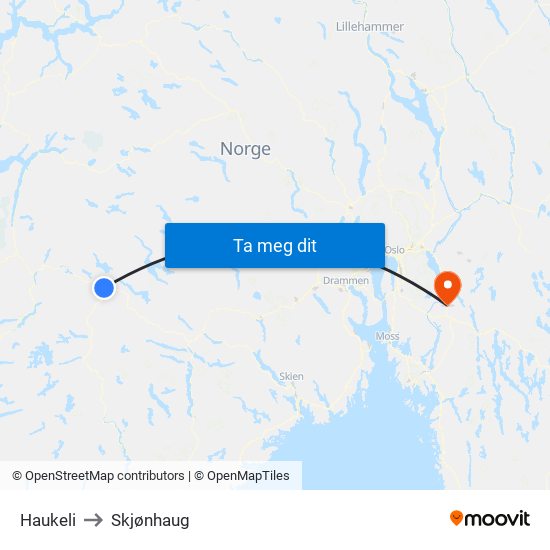 Haukeli to Skjønhaug map
