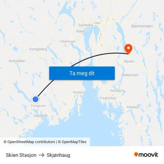 Skien Stasjon to Skjønhaug map