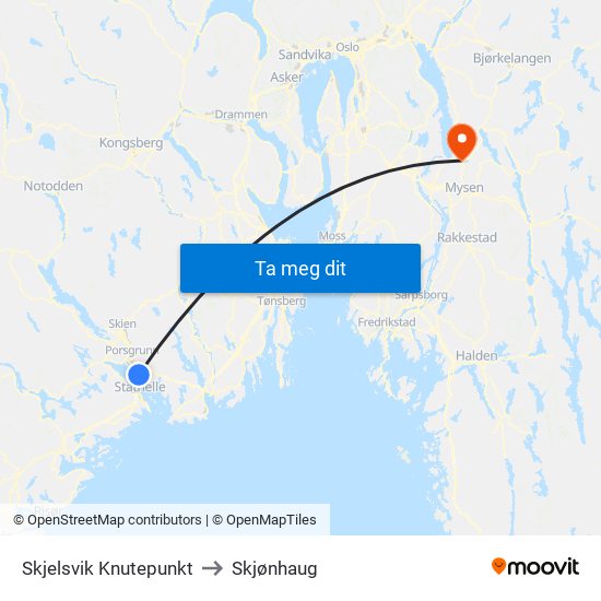 Skjelsvik Knutepunkt to Skjønhaug map