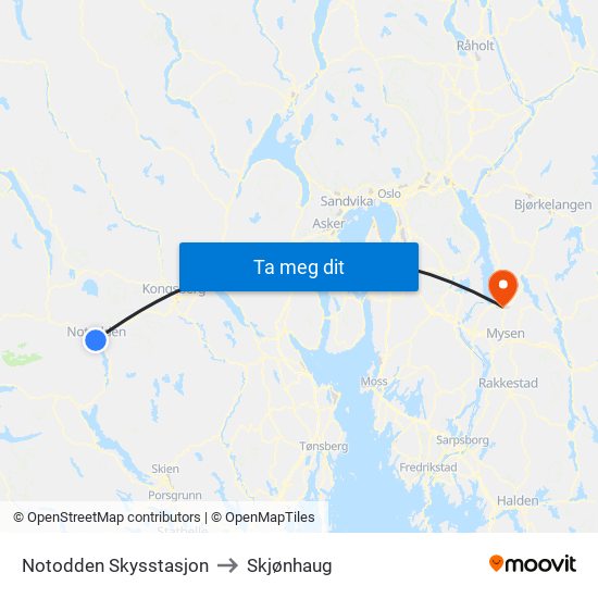 Notodden Skysstasjon to Skjønhaug map