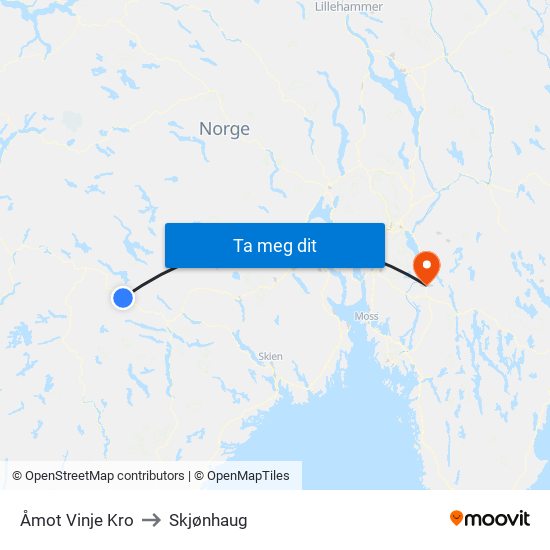 Åmot Vinje Kro to Skjønhaug map