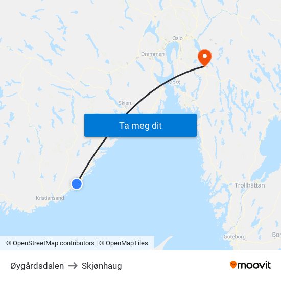 Øygårdsdalen to Skjønhaug map