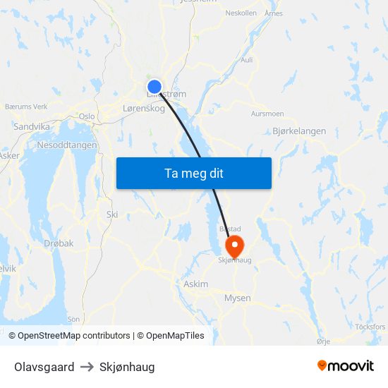 Olavsgaard to Skjønhaug map