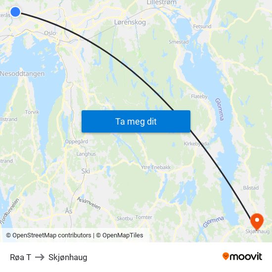 Røa T to Skjønhaug map