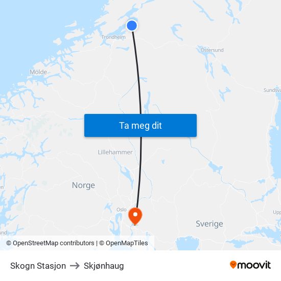 Skogn Stasjon to Skjønhaug map