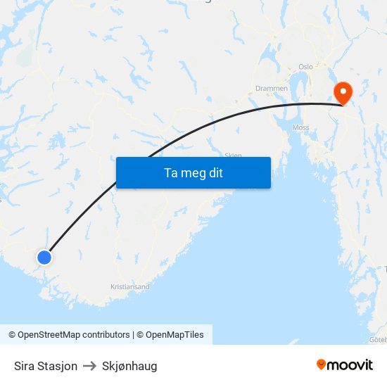 Sira Stasjon to Skjønhaug map