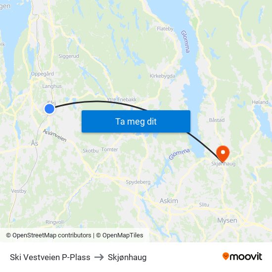 Ski Vestveien P-Plass to Skjønhaug map