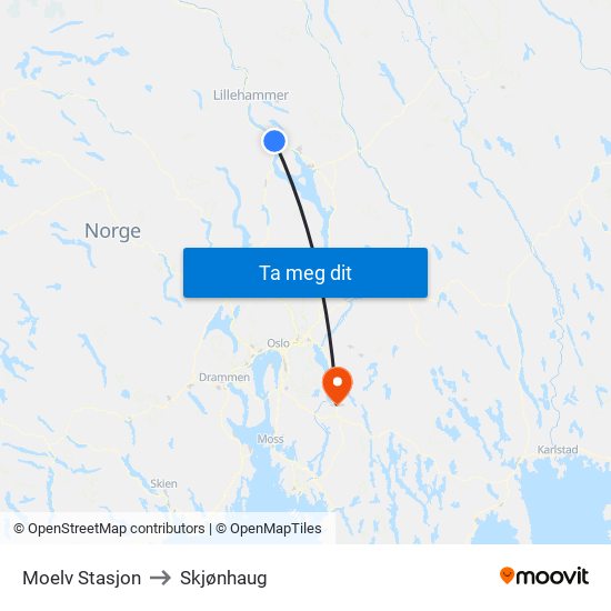 Moelv Stasjon to Skjønhaug map