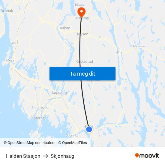 Halden Stasjon to Skjønhaug map