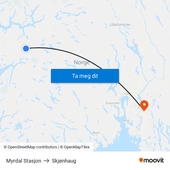 Myrdal Stasjon to Skjønhaug map