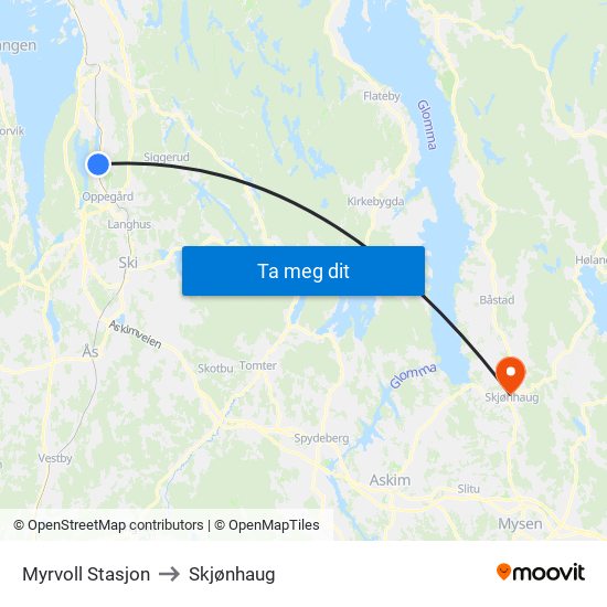 Myrvoll Stasjon to Skjønhaug map