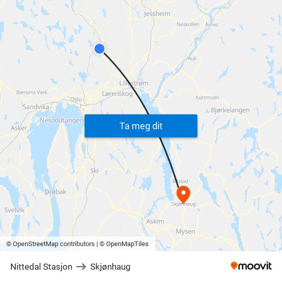 Nittedal Stasjon to Skjønhaug map