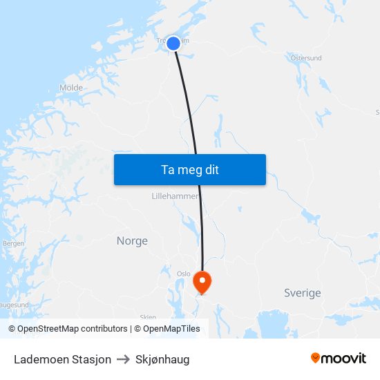 Lademoen Stasjon to Skjønhaug map