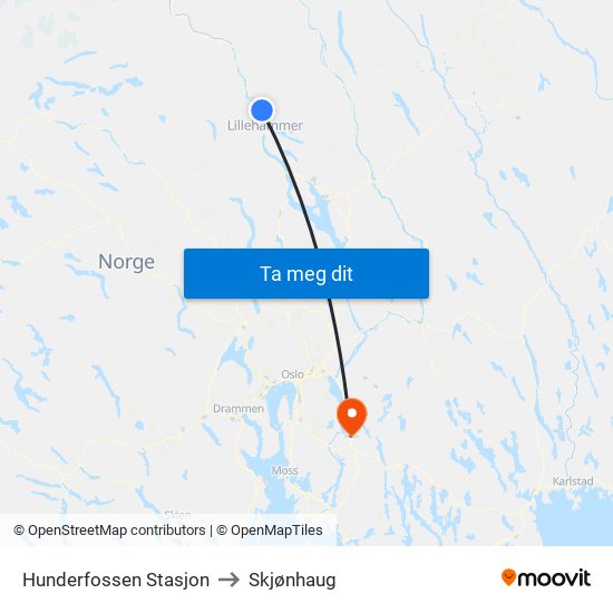 Hunderfossen Stasjon to Skjønhaug map