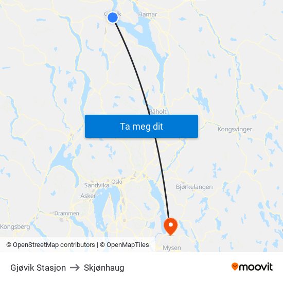Gjøvik Stasjon to Skjønhaug map