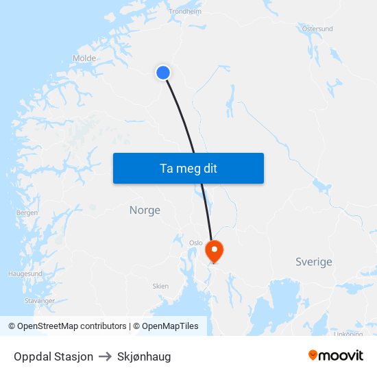 Oppdal Stasjon to Skjønhaug map