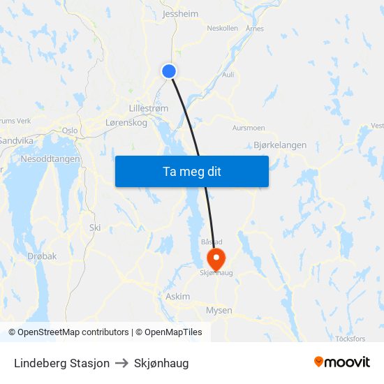 Lindeberg Stasjon to Skjønhaug map