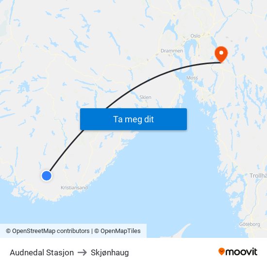 Audnedal Stasjon to Skjønhaug map