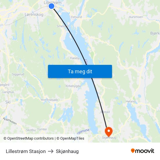 Lillestrøm Stasjon to Skjønhaug map