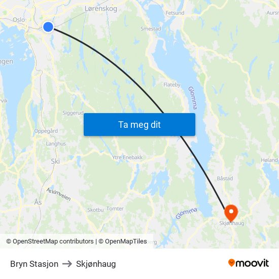 Bryn Stasjon to Skjønhaug map