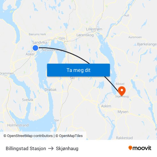 Billingstad Stasjon to Skjønhaug map