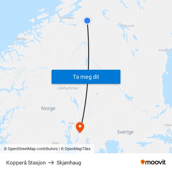 Kopperå Stasjon to Skjønhaug map