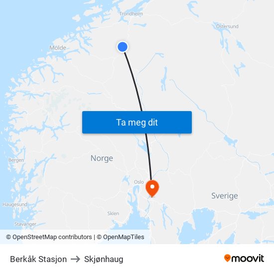 Berkåk Stasjon to Skjønhaug map