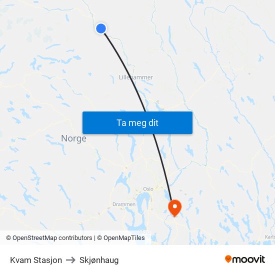Kvam Stasjon to Skjønhaug map