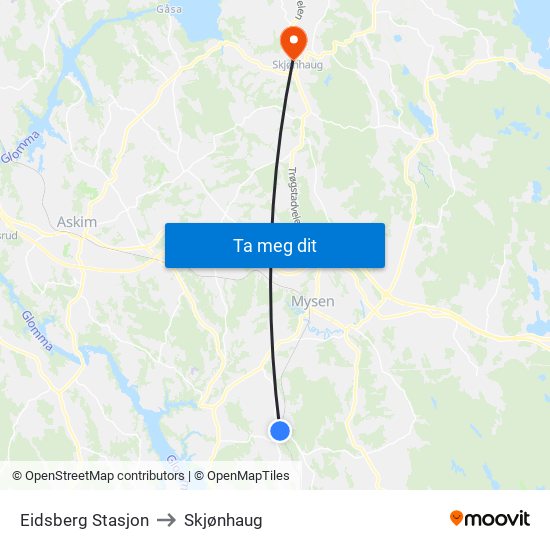 Eidsberg Stasjon to Skjønhaug map
