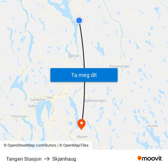 Tangen Stasjon to Skjønhaug map