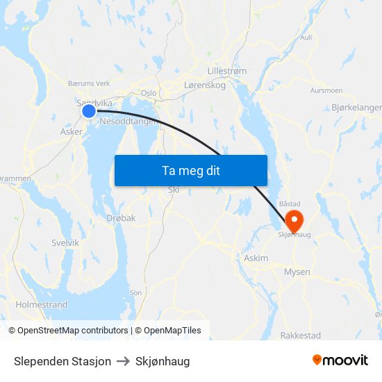 Slependen Stasjon to Skjønhaug map