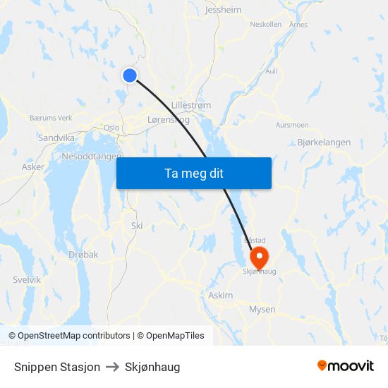 Snippen Stasjon to Skjønhaug map