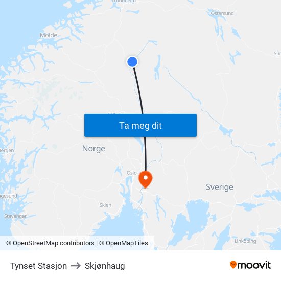 Tynset Stasjon to Skjønhaug map