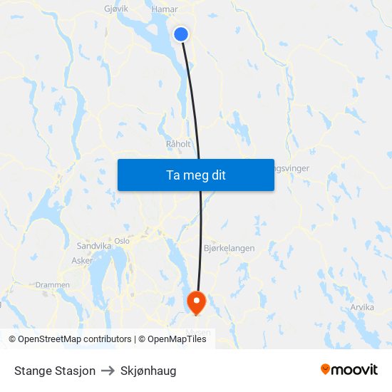 Stange Stasjon to Skjønhaug map