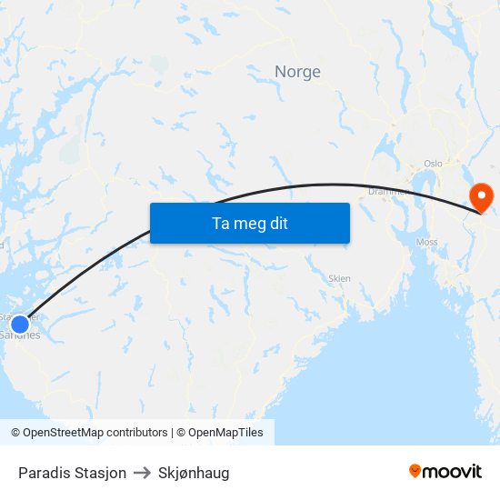 Paradis Stasjon to Skjønhaug map