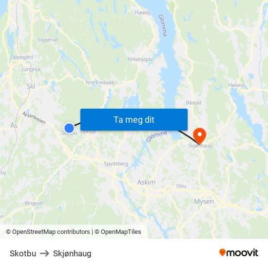 Skotbu to Skjønhaug map