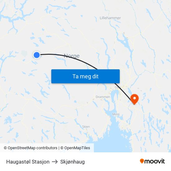 Haugastøl Stasjon to Skjønhaug map