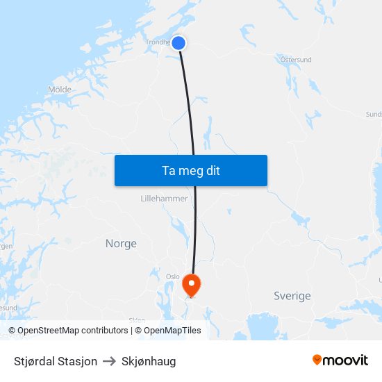 Stjørdal Stasjon to Skjønhaug map