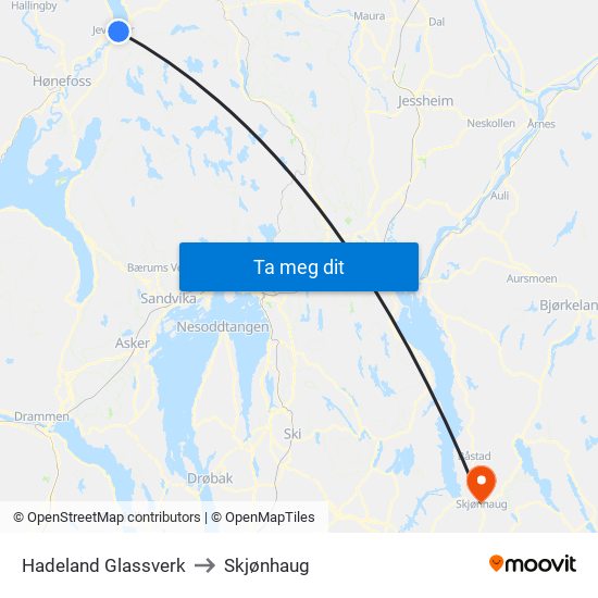 Hadeland Glassverk to Skjønhaug map