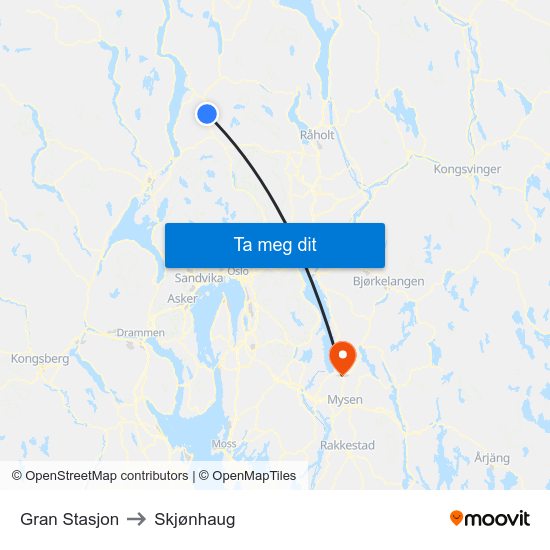 Gran Stasjon to Skjønhaug map