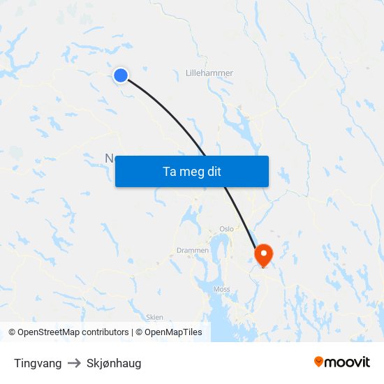 Tingvang to Skjønhaug map