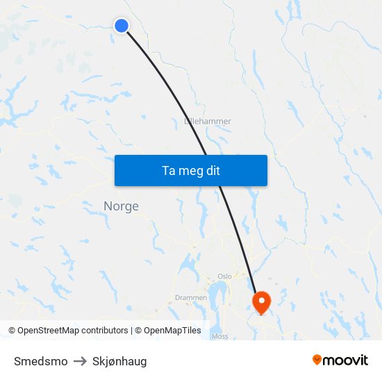 Smedsmo to Skjønhaug map